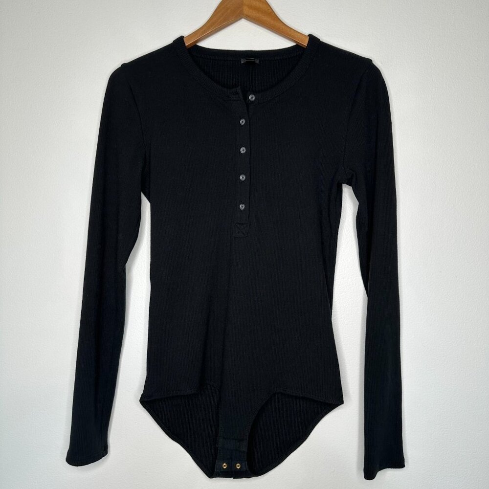 J Crew Henley Ribbed Bodysuit‎ Size M Black Cotton Knit Long sleeve